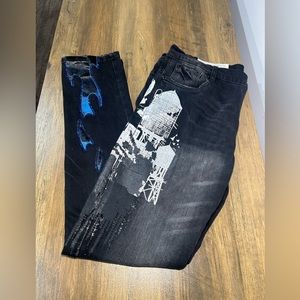 Men’s Authentic Industrial Indigo Blue Flames Jeans Distress 40x34 Y2K Style